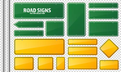 Road green and yellow traffic sign. Blank board with place for text.Mockup. Isolated information sign. Direction. Vector illustration.