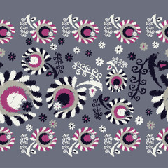 Fototapeta na wymiar Seamless decorative floral background. Seamless border. Embroidery on fabric. Retro motif. Textile rapport.