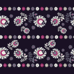 Seamless decorative floral background. Seamless border. Embroidery on fabric. Retro motif. Textile rapport.