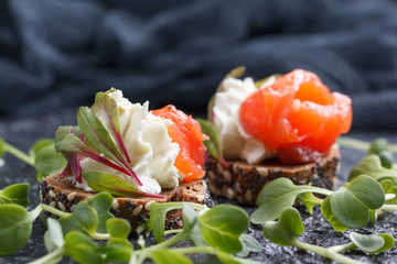 Delicious canape with salmon, cottage cheese, olive with micro greens on a dark background. Cold...