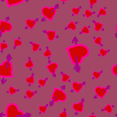 Cupid's arrows in hearts seamless pattern on violet background. Childish arrows background for Valentine's Day