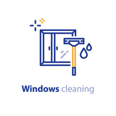 Windows cleaning services concept line icon, wiper and drops