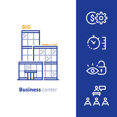 Business center, glass modern building, rent promotion