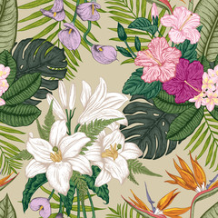 Seamless pattern with tropica flowers. Vector illustration. © bubnovanata