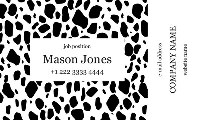 Black and white business card template. Strict minimalist style. Creative spots on the background. US standard size 3.5x2 in. With bleed size 0.125 in. Vector. Animal print.