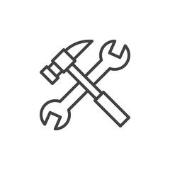 Wrench and hammer line icon, outline vector sign, linear style pictogram isolated on white. Improvement symbol, logo illustration. Editable stroke. Pixel perfect graphics