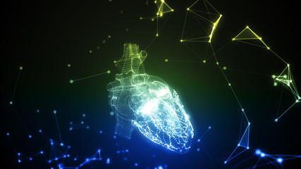 Abstract geometric composition from chaotic dots and lines are placed in the heart casts a shadow 3d illustration