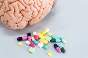 Brain model and medicine drug in laboratory.	