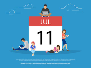 Calendar symbol with people concept flat vector illustration of young people using mobil smartphone, tablet and laptop to schedule plan and make date mark in digital calendar. Template with copy space