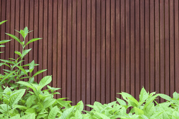 Empty wooden table  floor and wall for present and show products from top view with leaves frame , copy space for putting object to display and  advertise