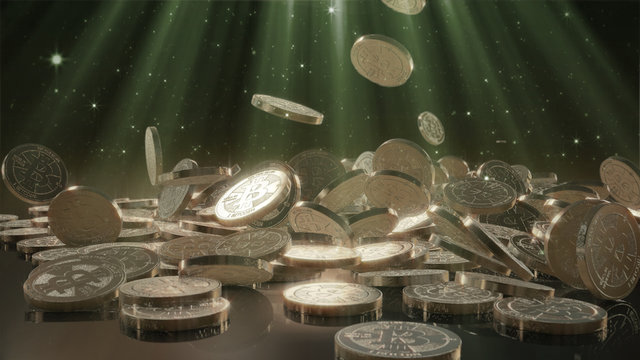 Bitcoin currency, crypto currency, falling on a pile