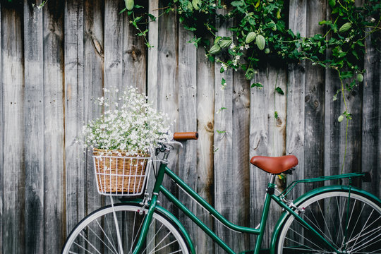 Bicycle against wooden fence with flowers in basket 