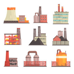 Industrial factory buildings set. Modern power plants, manufacture buildings colorful vector Illustrations