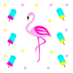 pink flamingo vector illustration with ice cream - yellow and pink polka dots background