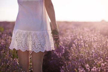 Girl in white dress holding a bouquet of fresh lavender in lavender field - 163918212