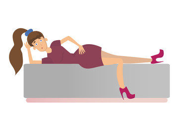 Young long-haired woman lying on the bed. Vector illustration, isolated on white background.