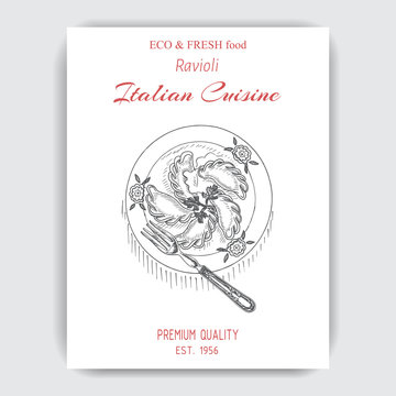 Vector illustration sketch - ravioli. Card Italian food.