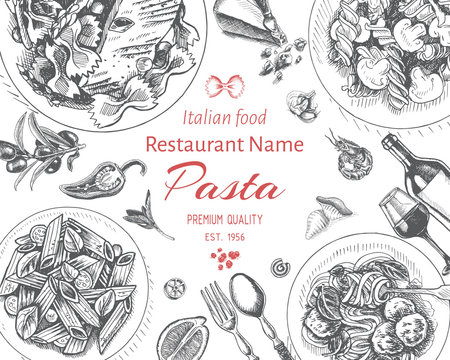 Vector illustration sketch - pasta. Card menu italian resraurant.