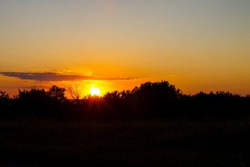 Fototapeta na wymiar Orange sunset over silhouettes of village and trees