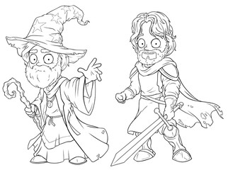 Cartoon medieval wizard and brave knight character vector set