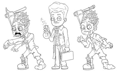 Cartoon cool walking zombie scientist character vector set