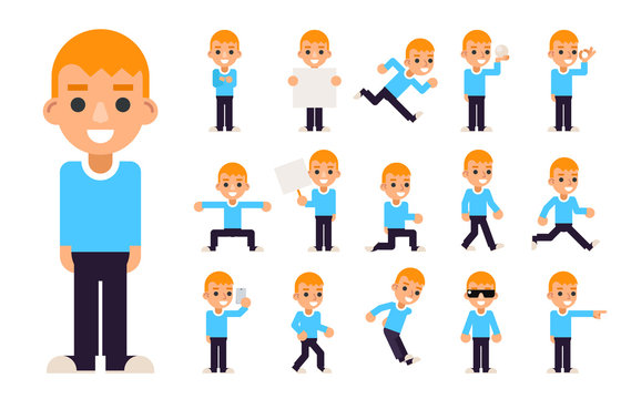 Boy in Different Poses and Actions Teen Characters Icons Set Isolated Flat Design Vector Illustration