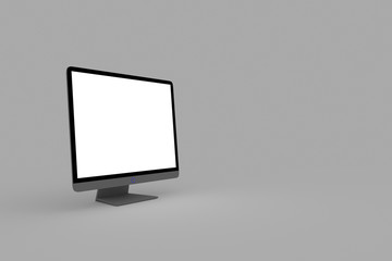 3d render, 3d illustration, lcd monitor with blank display. Three quarters view. gray background