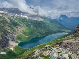 Elevated view looking down on a lake in the mountains of Glacier National Park