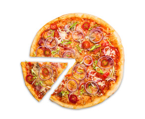 Delicious pizza with with onions, bacon and cherry