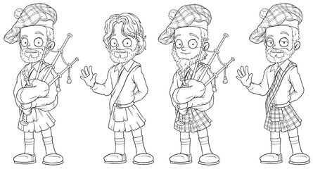 Cartoon scottish with bagpipe character vector set