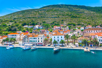 Fototapeta na wymiar Vis island landscape. / Aerial coastal view at town Vis in Croatia, famous european travel resort in Mediterranean. 