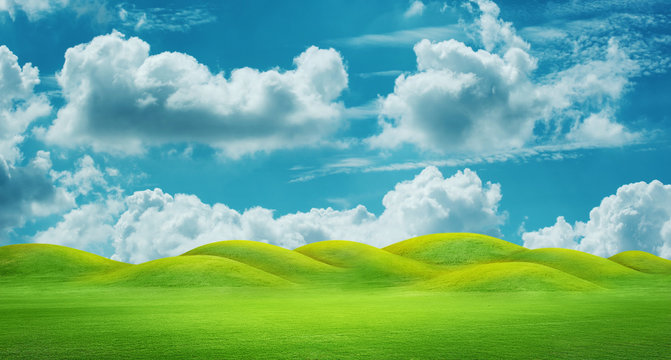 Panorama Of Green Hills With Sunrise Sky ,3D Rendering