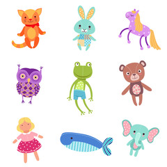 Fototapeta na wymiar Set of cute colorful soft plush animal toys vector Illustrations