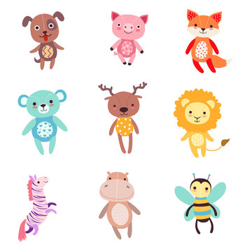 Cute colorful soft plush animal toys set of vector Illustrations