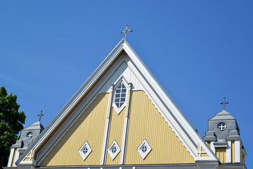 Fragment of Free church against the background of the sky. Kotka, Finland