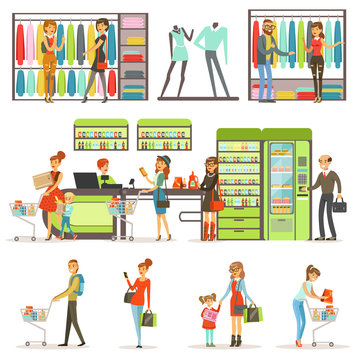 People buying grocery products and clothes in the supermarket set, family shopping colorful vector Illustrations