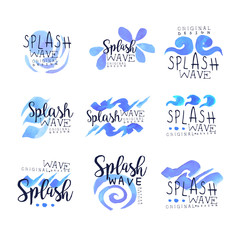 Splash wave logo original design set, hand drawn vector Illustrations
