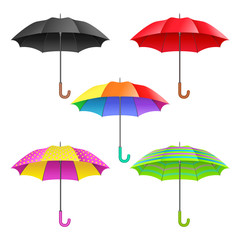 Set of colored realistic open umbrellas. Umbrellas collection isolated on white background. Vector illustration.