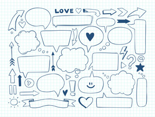 Hand drawn vector illustration. Set of speech bubbles and others doodle elements. Design elements in sketch style. Perfect for business graphics, cards, blogs, prints and more.