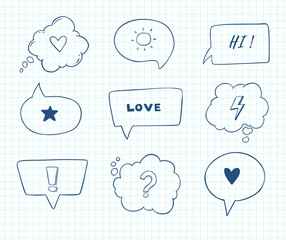 Hand drawn vector illustration. Set of speech bubbles and others doodle elements. Design elements in sketch style. Perfect for business graphics, cards, blogs, prints and more.