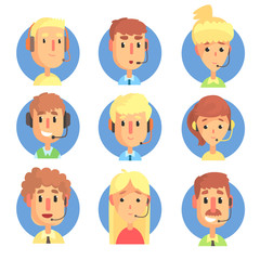 Cartoon male and female call centre operators with headset set, customer support service colorful vector illustrations