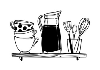 Hand drawn vector illustration - Crockery on the shelf (cups, pitcher, kitchen appliances). Design elements in sketch style. Perfect for prints, cards, menu, vinyl stickers etc