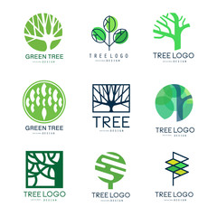 Obraz premium Oryginalne logo zielone drzewo zestaw wektora Ilustracje w zielonych kolorach