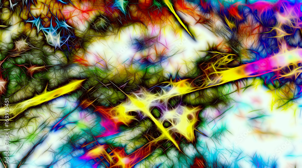 Poster background pattern with fractal needle structures and blurred radiant lights