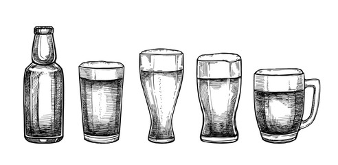 Hand drawn vector illustrations - beer glasses and mugs. Octoberfest or beer fest. Design elements in engraving style. Perfect for invitations, greeting cards, posters, prints