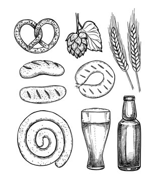 Hand drawn vector illustration - Octoberfest / beer fest (malt, hop, beer glass, bottle, Bavarian sausages, Pretzel). Design elements in engraving style.