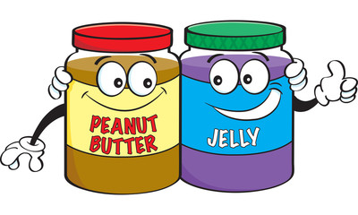 Black and cartoon jar of peanut butter holding Black and white illustration of a jar of peanut butter holding a sign.