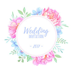 Watercolor illustration. Label with Floral elements. Bouquet with peonies, blue flowers, leaves and branches. Perfect for Wedding invitation, greeting card, prints or posters.