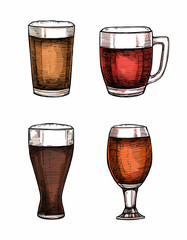 Hand drawn vector illustrations - beer glasses and mugs. Octoberfest or beer fest. Design elements in engraving style. Perfect for invitations, greeting cards, posters, prints