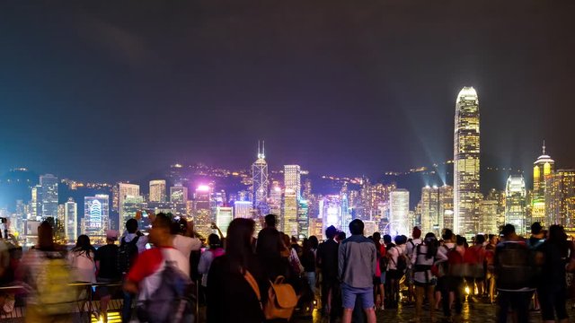 Tsim Sha Tsui, Hong Kong, 26 May 2017 -: Crowded of people enjoy the show of A Symphony of Lights in Hong Kong
